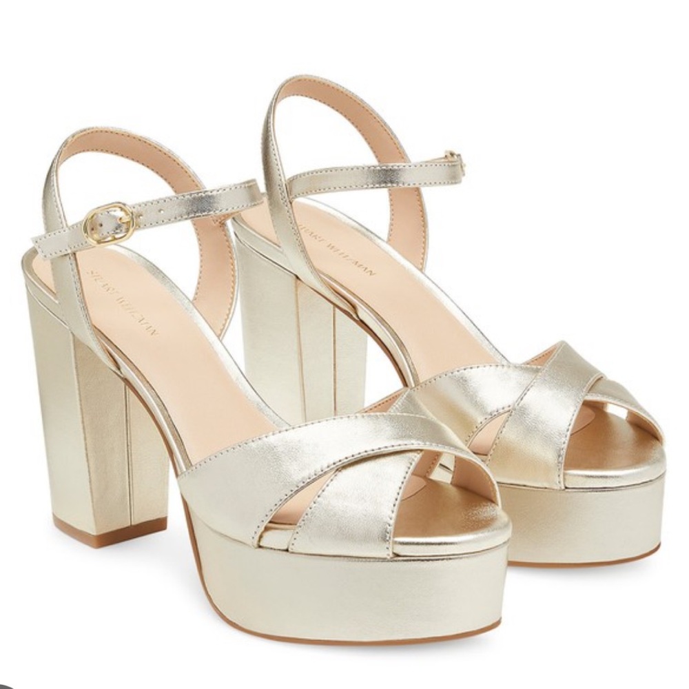 Stuart Weitzman Ivona Platino Metallic Platform Block Heel Sandals